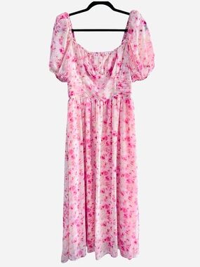 ASTR The Label Puff Sleeve Chiffon Floral Red Pink Square Neck Dress M
